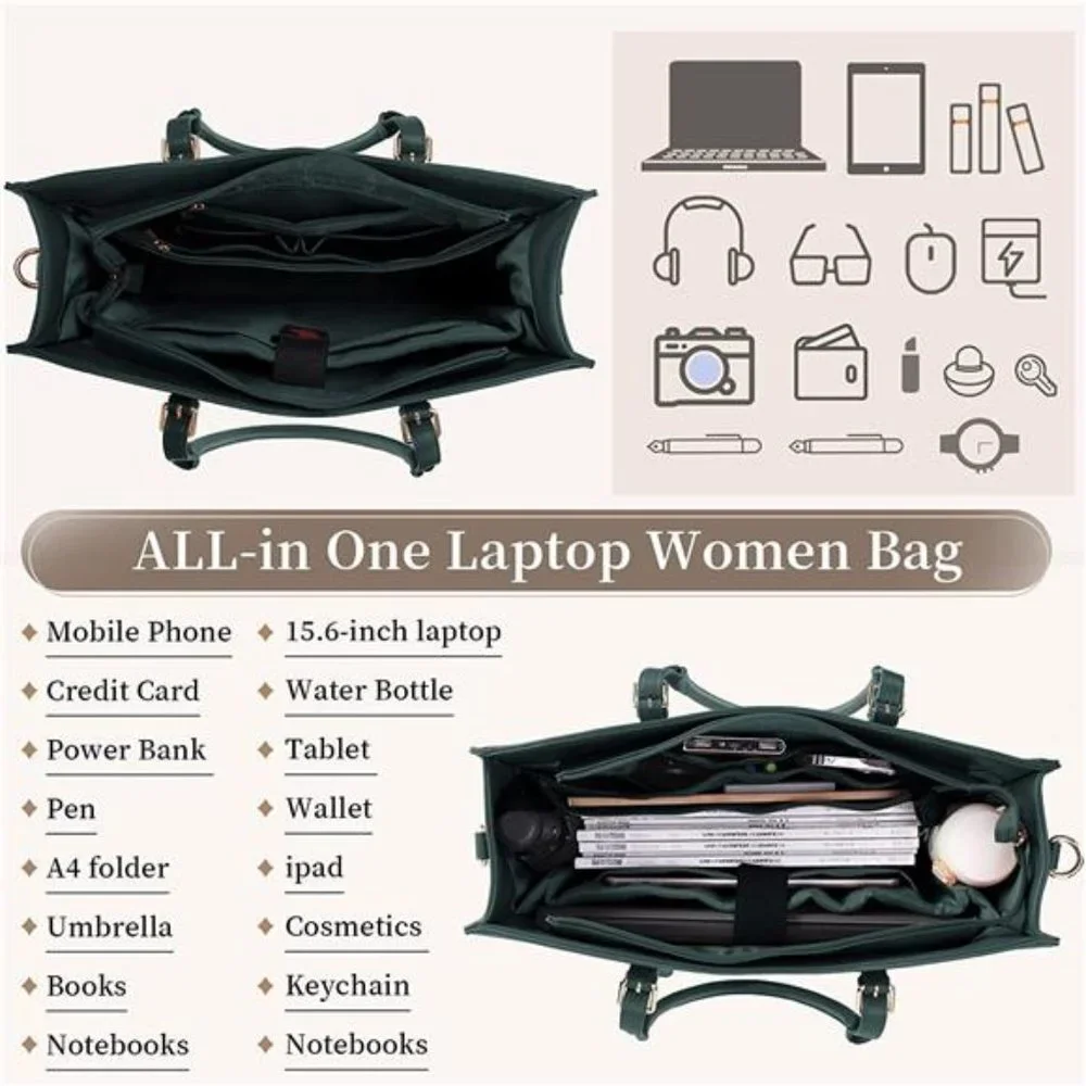 Women's Laptop Bag Waterproof Tote Bag, Green, 15.6 inch